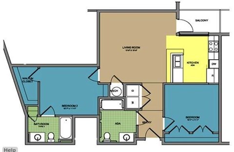 Floor plan for 2 beds, 2 baths, 946 sqft